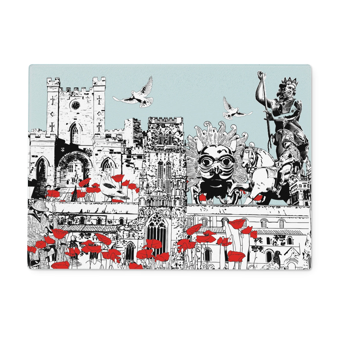 Toughened Glass chopping board with illustrated black and white Durham Landmarks and red poppies scattered throughout the design 