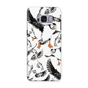 Delightful puffin design for a Samsung Galaxy S8 Plus phone case, puffins are flying around and have vibrant orange beaks and feet. 