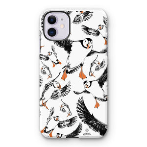 Delightful puffin design for an iPhone 11 phone case, puffins are flying around and have vibrant orange beaks and feet. 