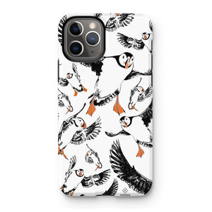 Delightful puffin design for an iPhone 11 Pro phone case, puffins are flying around and have vibrant orange beaks and feet. 