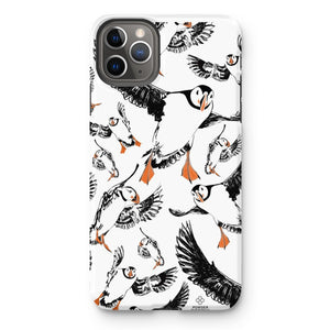 Delightful puffin design for an iPhone 11 Pro Max phone case, puffins are flying around and have vibrant orange beaks and feet. 