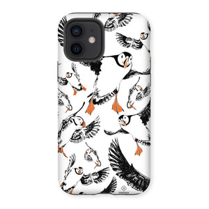 Delightful puffin design for an iPhone 12 phone case, puffins are flying around and have vibrant orange beaks and feet. 