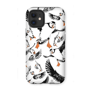 Delightful puffin design for an iPhone 12 Mini phone case, puffins are flying around and have vibrant orange beaks and feet. 