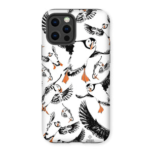 Delightful puffin design for an iPhone 12 Pro phone case, puffins are flying around and have vibrant orange beaks and feet. 