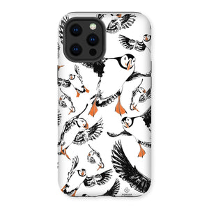 Delightful puffin design for an iPhone 12 Pro Max phone case, puffins are flying around and have vibrant orange beaks and feet. 