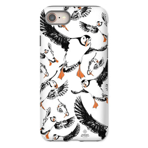 Delightful puffin design for an iPhone 8 phone case, puffins are flying around and have vibrant orange beaks and feet. 