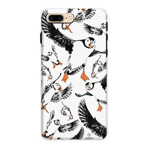 Delightful puffin design for an iPhone 8 Plus phone case, puffins are flying around and have vibrant orange beaks and feet. 