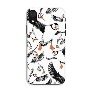 Delightful puffin design for an iPhone XR phone case, puffins are flying around and have vibrant orange beaks and feet. 