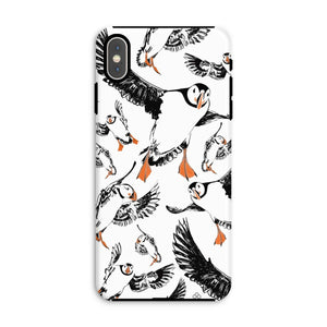 Delightful puffin design for an iPhone XS Max phone case, puffins are flying around and have vibrant orange beaks and feet. 