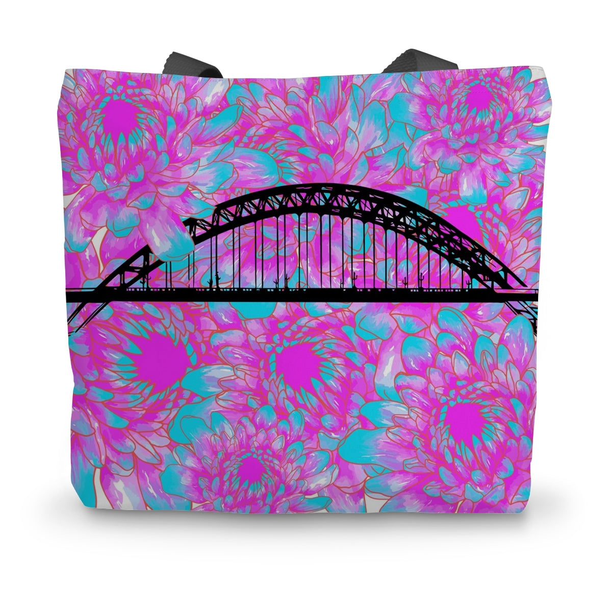 Canvas tote bag with brightly coloured artwork. Featuring a silhouette of Newcastle Tyne Bridge nestled amongst a pink and turquoise abstract flower design. 