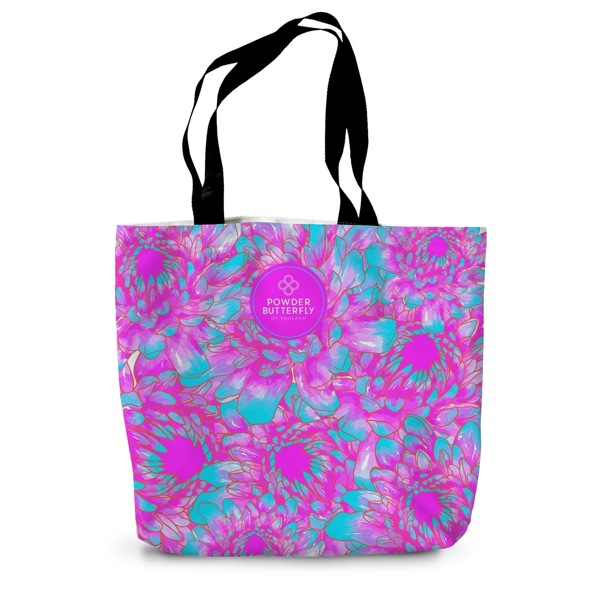 Canvas tote bag with brightly coloured artwork. Featuring a silhouette of Newcastle Tyne Bridge nestled amongst a pink and turquoise abstract flower design. 