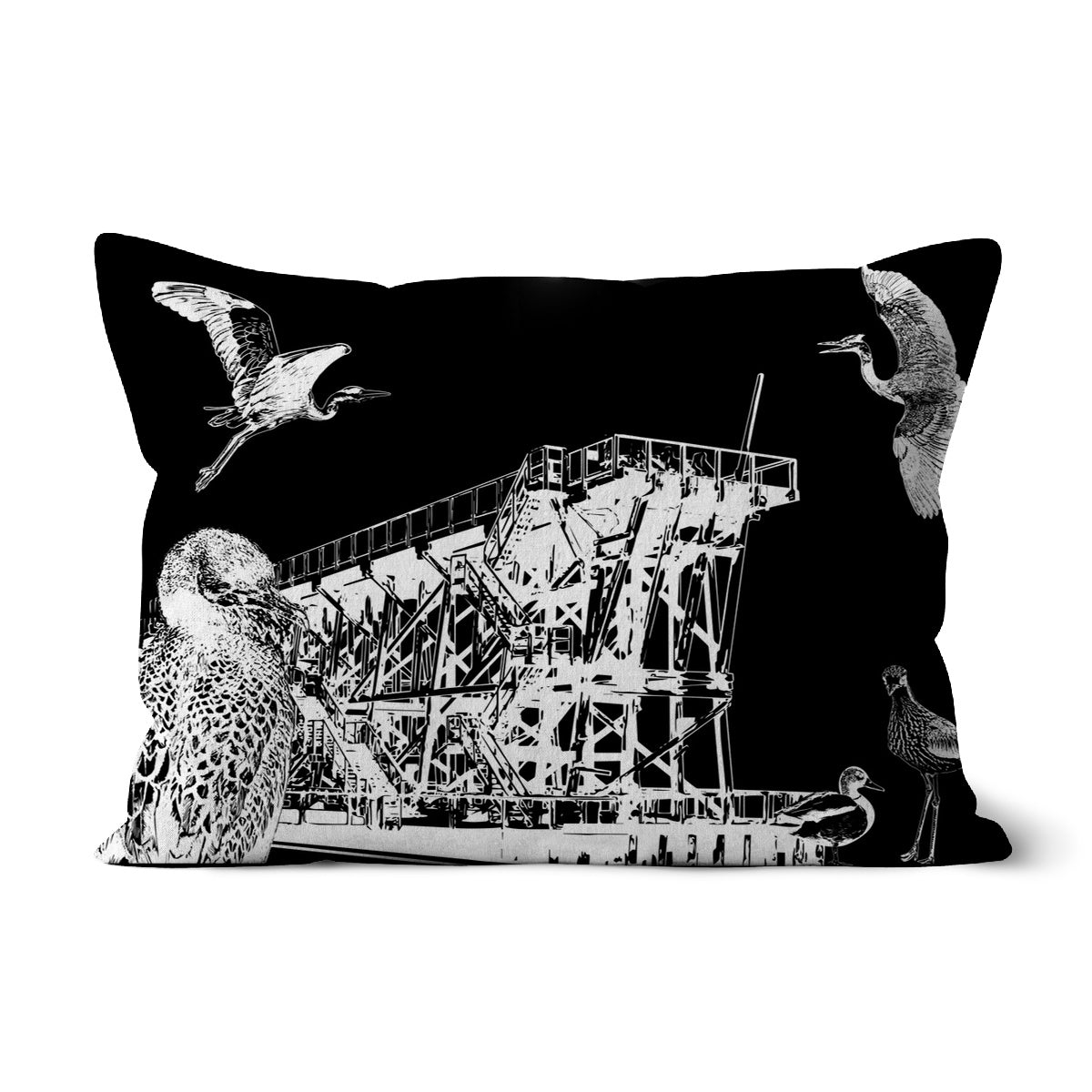 Black and white Linen cushion cover with cushion insert included featuring the historic wooden Dunston Staiths structure and the wildlife found there. A variety of bird species including cormorants and mallards surround the staiths structure. The cushion is black and the artwork is printed in white. 