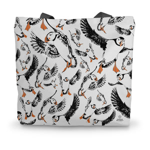 Shopping Tote with a print featuring Puffin birds flying around. This print is full coverage all over the bag - designed by Powder Butterfly