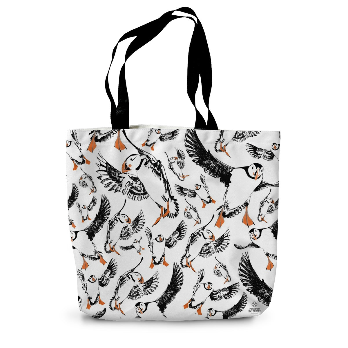 Shopping Tote with a print featuring Puffin birds flying around. This print is full coverage all over the bag - designed by Powder Butterfly