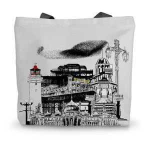 Brighton landmarks are printed on this canvas tote bag. Including Brighton Pavilion, Brighton Pier, helter-skelter and bandstand designed by Powder Butterfly