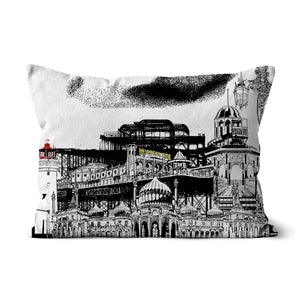 Cushion with Brighton-themed cover designed by Powder Butterfly - Print features Brighton landmarks such as Brighton Pavilion, Brighton Pier, Helter Skelter, bandstand and the west pier with starling murmuration.